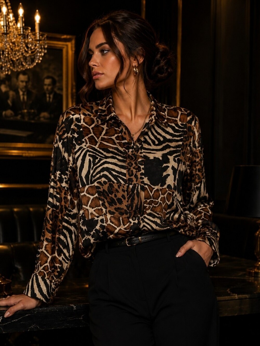 Animal Print Blouse Shoulder Pads Mob Wife Leopard Zebra Giraffe- NO SIZE TAG